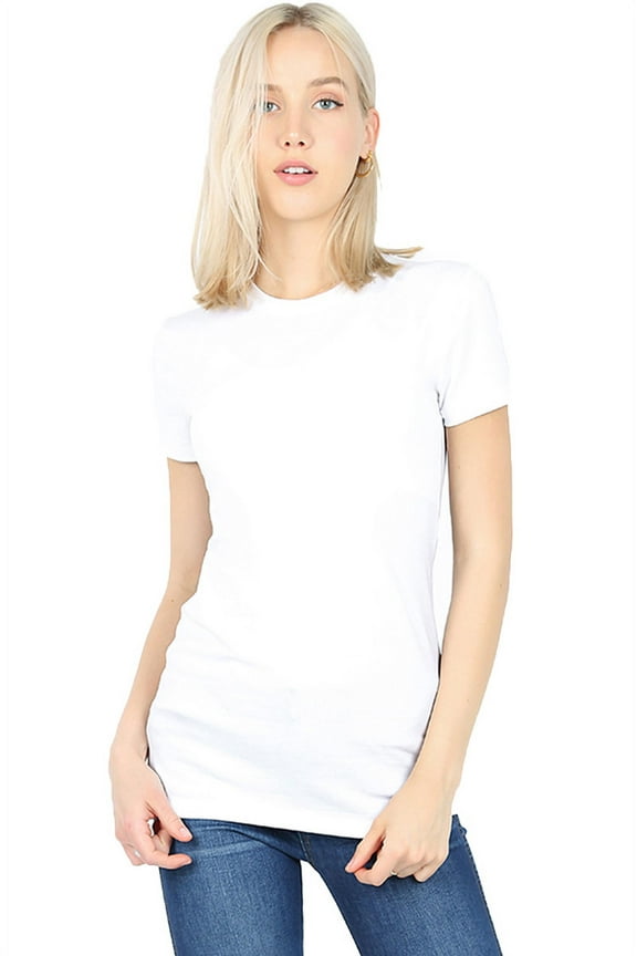 Women Basic Round Crew Neck Cotton Short Sleeve Longline T Shirt (White / Large)