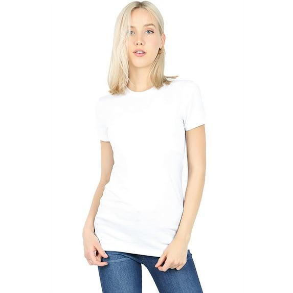 Women Basic Round Crew Neck Cotton Short Sleeve Longline T Shirt (White / Small)