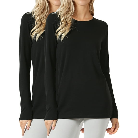 Women Basic Round Crew Neck Long Sleeve Stretch Cotton Spandex T-Shirts