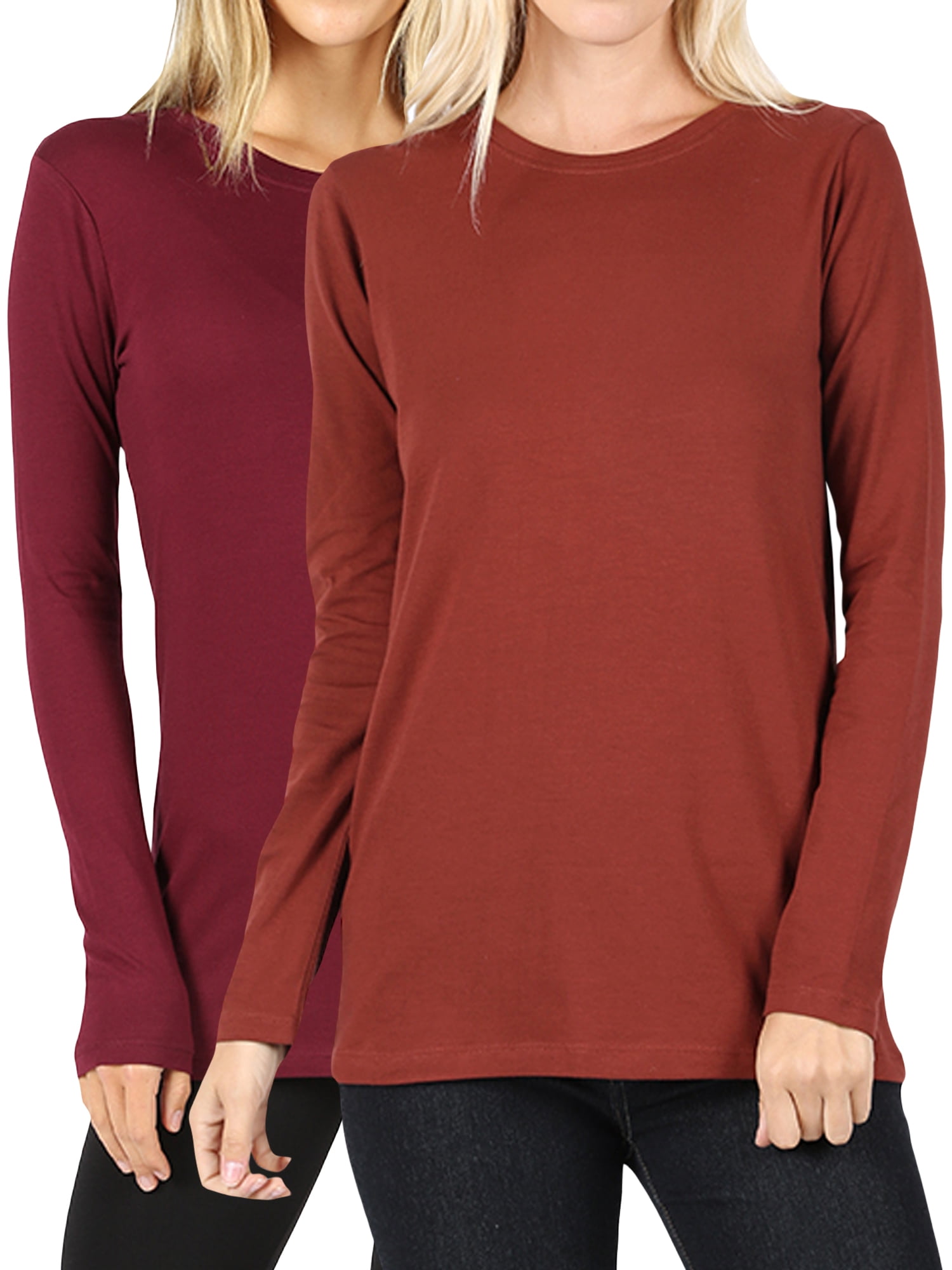 Women Basic Round Crew Neck Long Sleeve Stretch Cotton Spandex T Shirts 