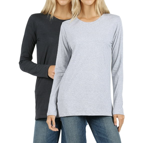 Women Basic Round Crew Neck Long Sleeve Stretch Cotton Spandex T-Shirts