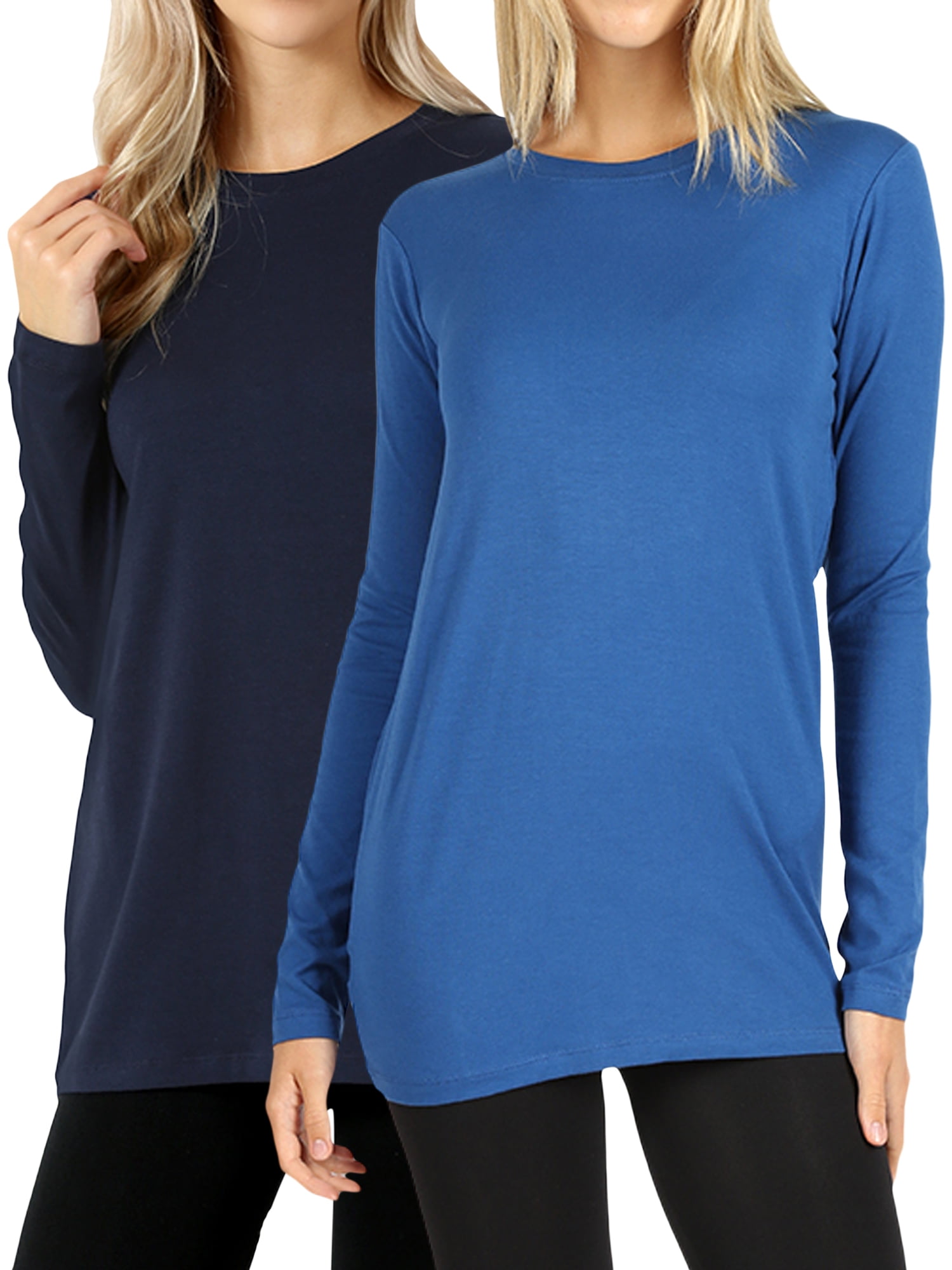 Women Basic Round Crew Neck Long Sleeve Stretch Cotton Spandex T Shirts