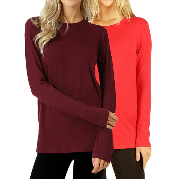 Women Basic Round Crew Neck Long Sleeve Stretch Cotton Spandex T-Shirts