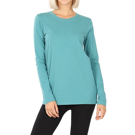 Women Basic Round Crew Neck Long Sleeve Stretch Cotton Spandex T-Shirts