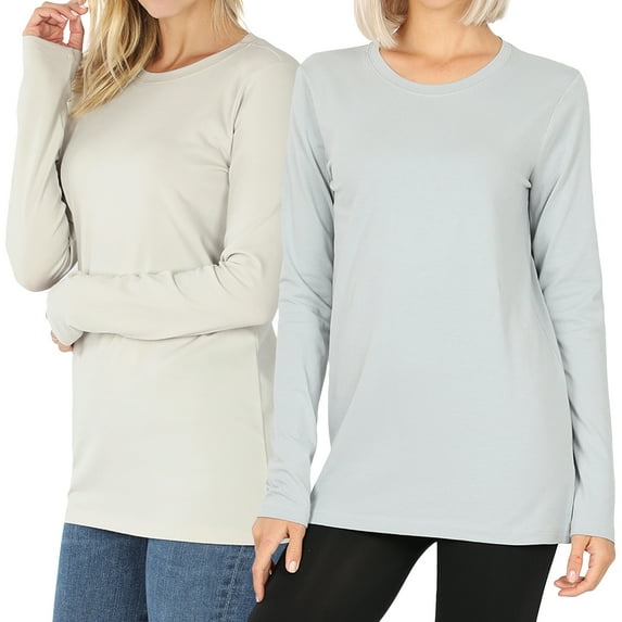 Women Basic Round Crew Neck Long Sleeve Stretch Cotton Spandex T-Shirts