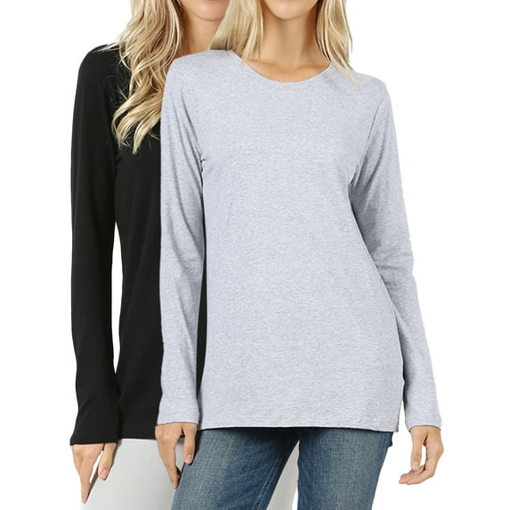 Women Basic Round Crew Neck Long Sleeve Stretch Cotton Spandex T-Shirts