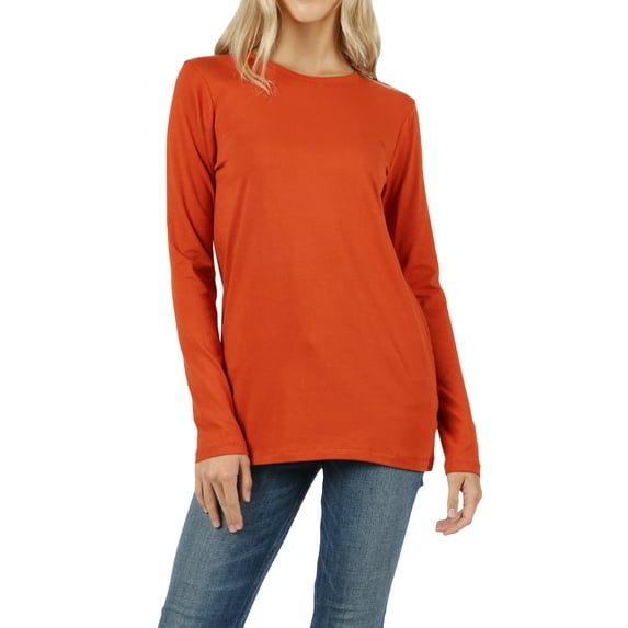 Women Basic Round Crew Neck Long Sleeve Stretch Cotton Spandex T-Shirts