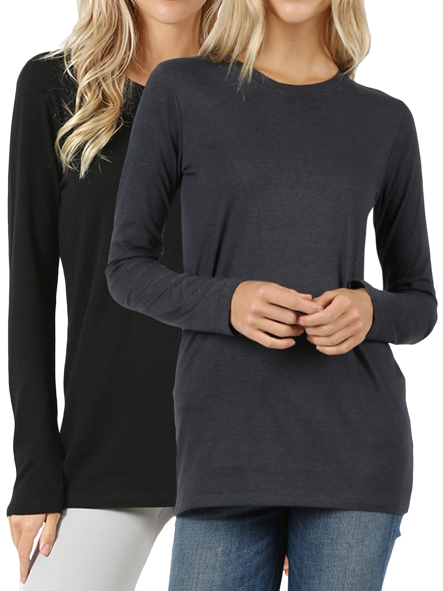 Women Basic Round Crew Neck Long Sleeve Stretch Cotton Spandex T Shirts 