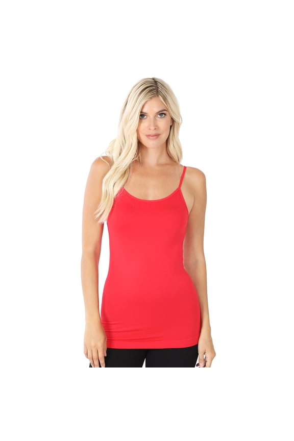 Women Basic Seamless Slim Fit Longline Undershirt Spaghetti Camisole Tank Top with Adjustable Straps (Ruby, SM)