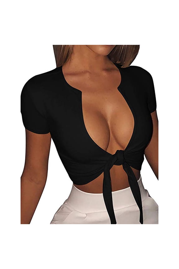 Women Basic T Shirts Tees Fashion Sexy Solid Color Deep V Neck Tie String Short T Shirt Top