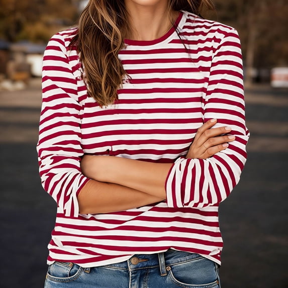 Women Basic Tops Long Sleeve Striped Print Y2K Casual Loose T-Shirt Round Neck Fashion Tee