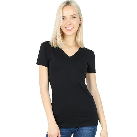 Women Basic V Neck Cotton Short Sleeve Longline T Shirt (Black / Small)