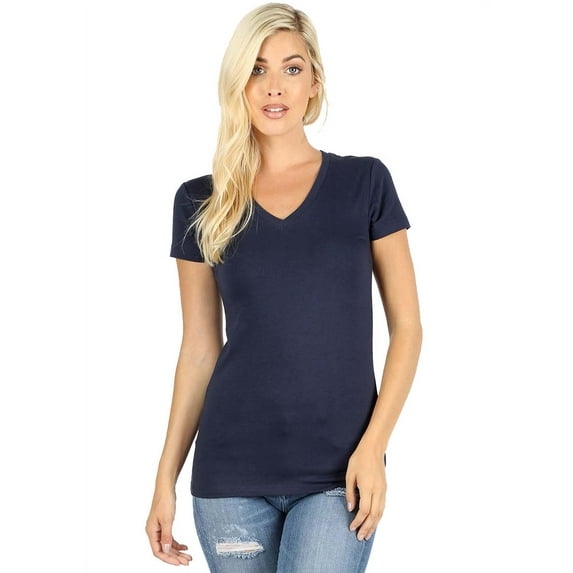 Women Basic V Neck Cotton Short Sleeve Longline T Shirt (Navy / Medium)