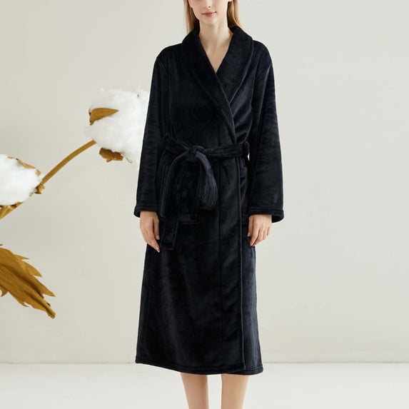 Women Bath Robe Flannel V Neck Long Sleeve Pajamas With Belt Fleece Plush Thick Thermal Comfy Fall Winter Home Wear (L, Black)