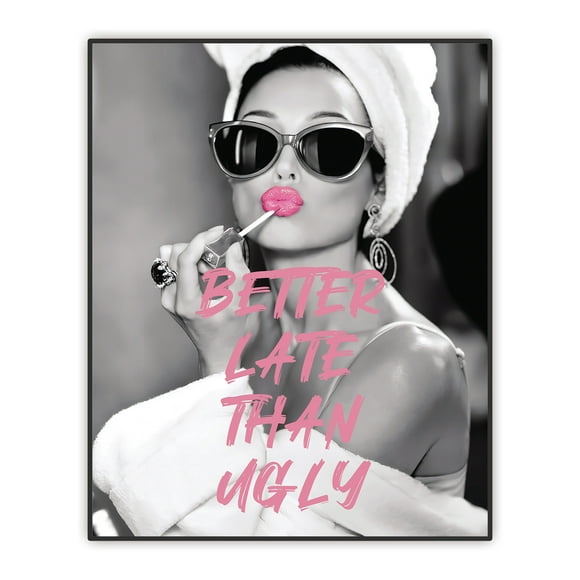 Women Bath Wall Decor - Better Late Than Ugly - Audrey Hepburn Poster - Glam Pink Bathroom Wall Art - Black and White Print - Vintage Hollywood Fashion Photo - Unframed Print 8x10 inches