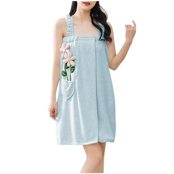 Women Bath Wrap Towel for Spa Shower, Shower Cover up Dress Homegown with Pockets Bathrobe for Lady Lightweight Blue One Size