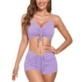 thumbnail image 1 of Women Bathing Suit 2 Piece Ribbed V Neck Spaghetti Strap Padded Front Drawstring Bikini Swimsuit Purple XL, 1 of 6