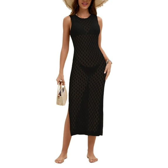 Women Bathing Suit Cover up Bikini Sleeveless Beach Dress Crochet Hollow Out Coverup Alsol Lamesa
