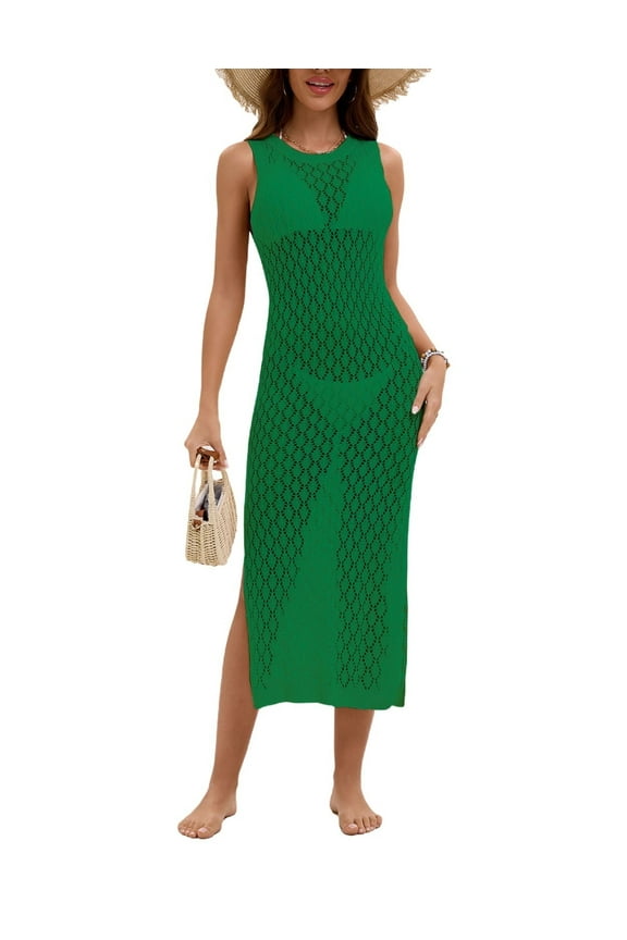 Women Bathing Suit Cover up Bikini Sleeveless Beach Dress Crochet Hollow Out Coverup Alsol Lamesa