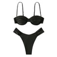 thumbnail image 1 of Women Bathing Suit Two Piece Spaghetti Strap High Cut Pure Color Pleated Wireless Padded Bikini Swimsuit Black S, 1 of 5