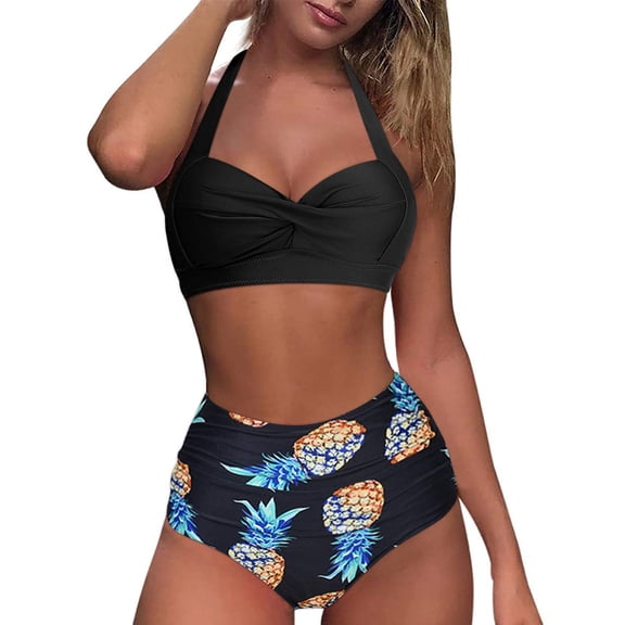 Women Bathing Suits Ruched Piece Retro High Print Women Halter Swimsuit Two Bikini Vintage Waist Set Swimwears Tankinis Set