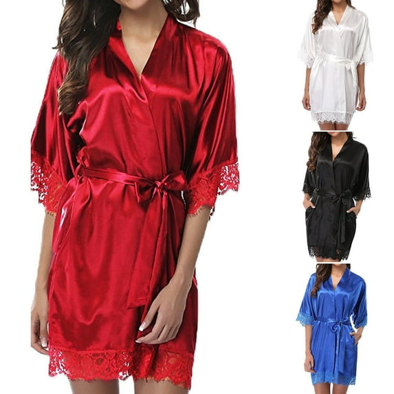 Women Bathrobe Solid Color Belt Cardigan Lace Lady Pajamas for Spring