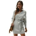 thumbnail image 1 of Women Batwing Long Sleeve V-Neck Backless Solid Belted Wrap Sweater Dress, 1 of 19
