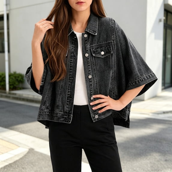 Women Batwing Short Denim Jacket Loose Oversized Cropped Jean Coat Lapel Button Down Jackets Casual Daily Outfit (Black XL)