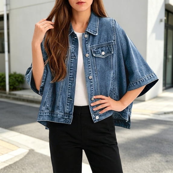 Women Batwing Short Denim Jacket Loose Oversized Cropped Jean Coat Lapel Button Down Jackets Casual Daily Outfit (Dark Blue M)