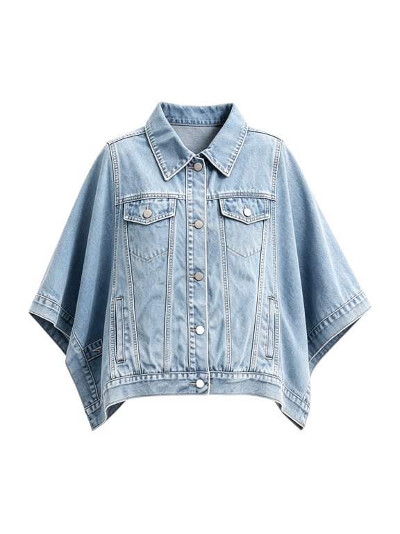 Women Batwing Short Denim Jacket Loose Oversized Cropped Jean Coat Lapel Button Down Half-Sleeve Outerwear With Pockets For Casual Daily Outfit(Big & Tall,XL)