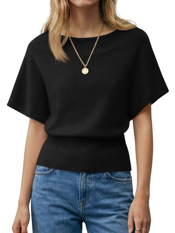 Women Batwing Short Sleeve Knit Top Boat Neck Elastic Waist Blouse T-Shirts