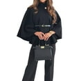 thumbnail image 1 of Women Batwing Sleeve Ponchos Pea Coat Stand Collar Capes Jacket Cloak Elegant Wool Coat with Belt Black S, 1 of 7