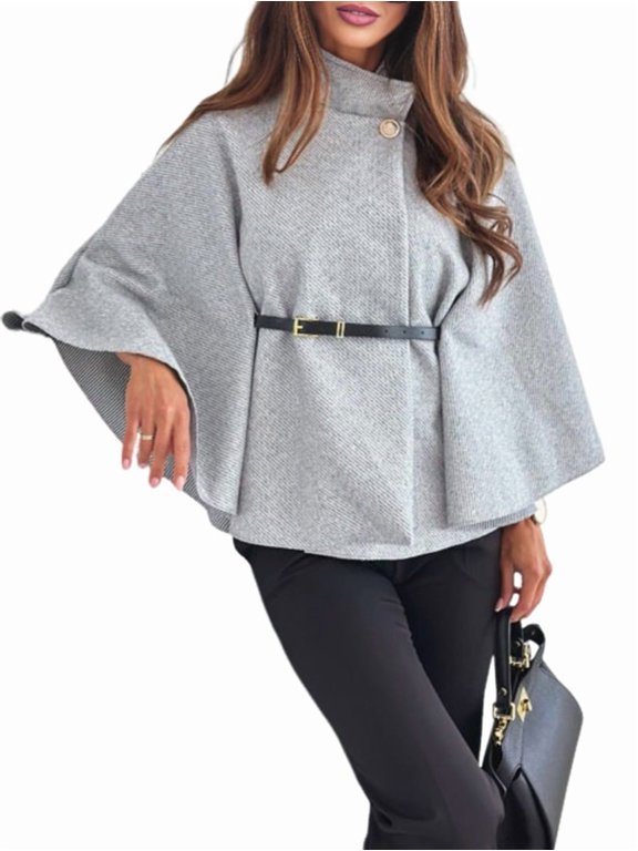 Women Batwing Sleeve Ponchos Pea Coat Stand Collar Capes Jacket Cloak Elegant Wool Coat with Belt Grey S