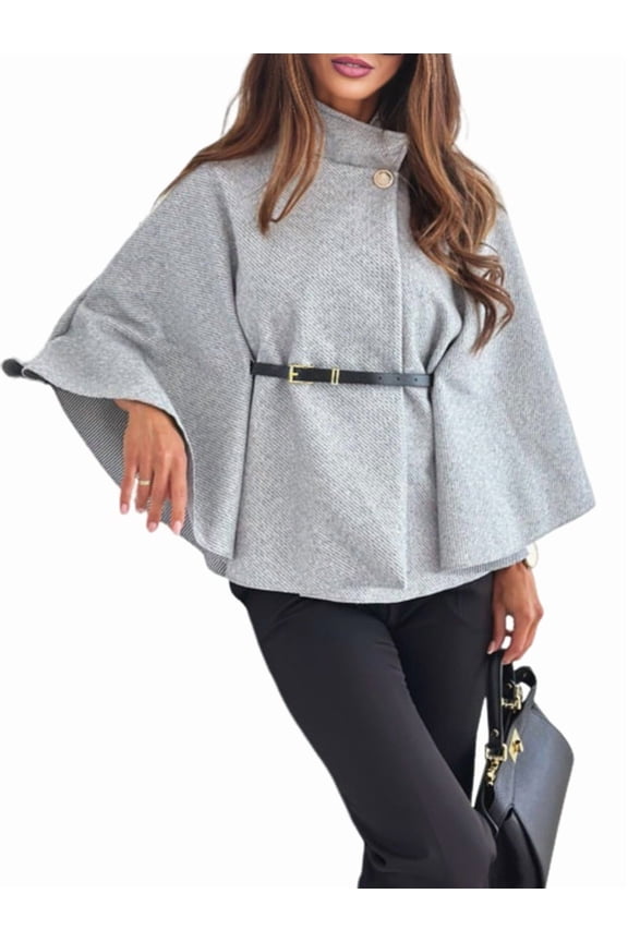 Women Batwing Sleeve Ponchos Pea Coat Stand Collar Capes Jacket Cloak Elegant Wool Coat with Belt Grey S