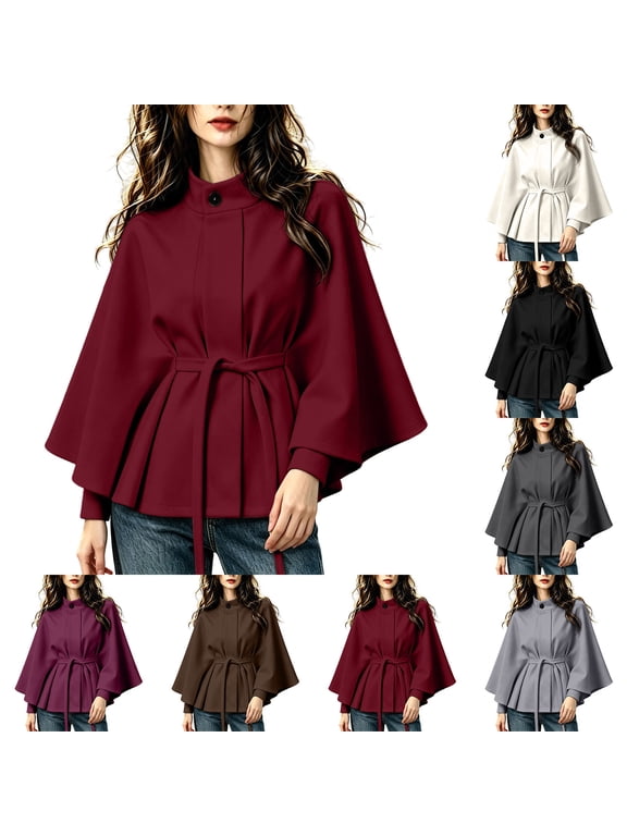 Women Batwing Sleeve Ponchos Pea Coat Wool Stand Collar Belt Capes Jacket Trendy Stand Collar Belted Cloak Cape Wool Coats Black XL