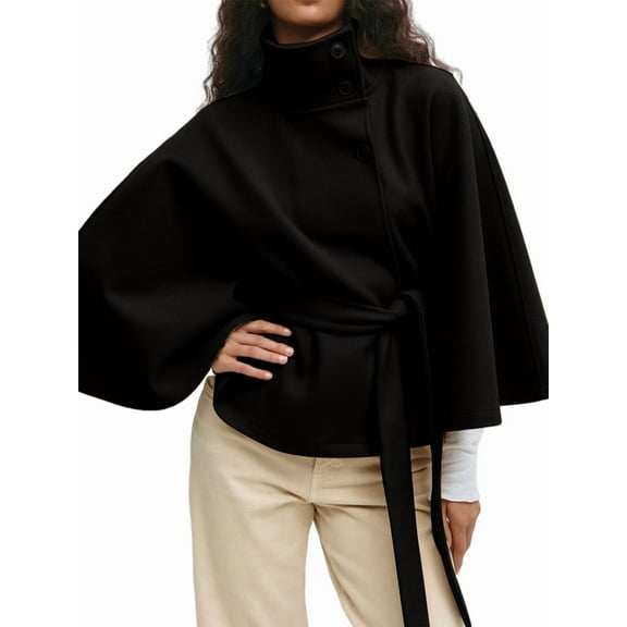 Women Batwing Sleeve Ponchos Pea Coat Wool Stand Collar Belt Capes Jacket Winter Cropped Overcoat Black L