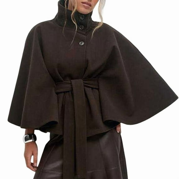 Women Batwing Sleeve Ponchos Pea Coat Wool Stand Collar Belt Capes Jacket Winter Cropped Overcoat Coffee M