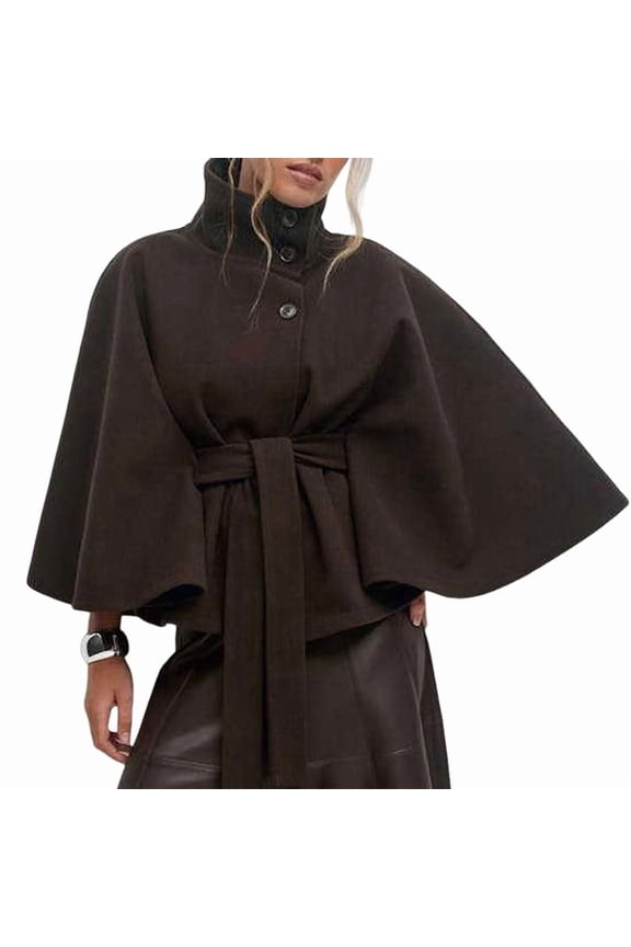 Women Batwing Sleeve Ponchos Pea Coat Wool Stand Collar Belt Capes Jacket Winter Cropped Overcoat Coffee M