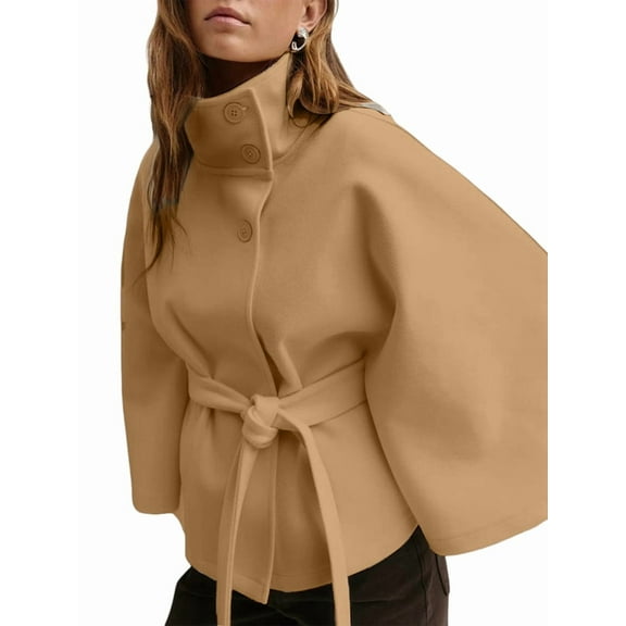 Women Batwing Sleeve Ponchos Pea Coat Wool Stand Collar Belt Capes Jacket Winter Cropped Overcoat Khaki S