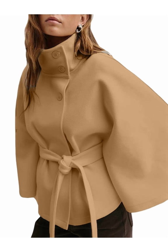 Women Batwing Sleeve Ponchos Pea Coat Wool Stand Collar Belt Capes Jacket Winter Cropped Overcoat Khaki S