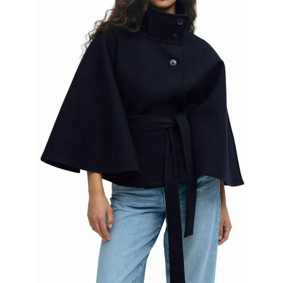 Women Batwing Sleeve Ponchos Pea Coat Wool Stand Collar Belt Capes Jacket Winter Cropped Overcoat Navy XL