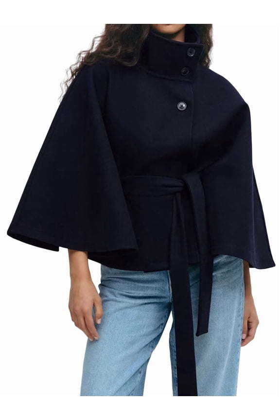 Women Batwing Sleeve Ponchos Pea Coat Wool Stand Collar Belt Capes Jacket Winter Cropped Overcoat Navy XL