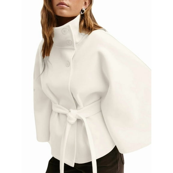 Women Batwing Sleeve Ponchos Pea Coat Wool Stand Collar Belt Capes Jacket Winter Cropped Overcoat White L