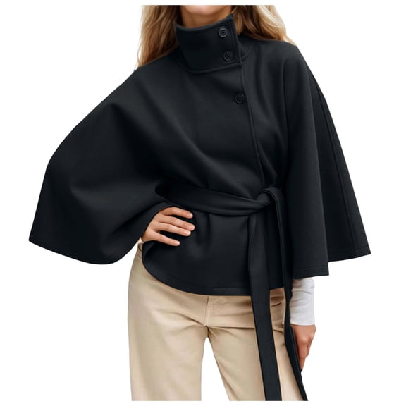 Women Batwing Sleeve Ponchos Pea Coat Wool Stand Collar Belt Capes Jacket Winter Cropped Overcoat