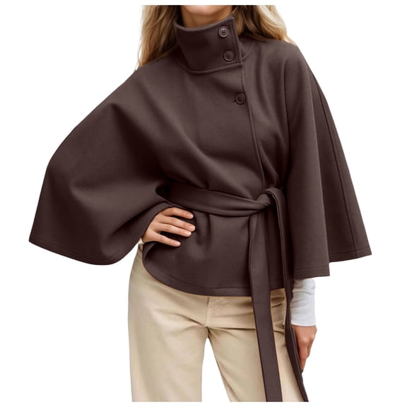 Women Batwing Sleeve Ponchos Pea Coat Wool Stand Collar Belt Capes Jacket Winter Cropped Overcoat