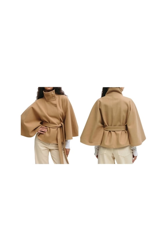 Women Batwing Sleeve Ponchos Pea CoatButton Elegant Belted Cape Jacket, Winter Cropped Overcoat Khaki L