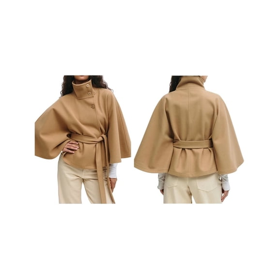 Women Batwing Sleeve Ponchos Pea CoatButton Elegant Belted Cape Jacket, Winter Cropped Overcoat Khaki M