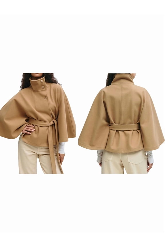 Women Batwing Sleeve Ponchos Pea CoatButton Elegant Belted Cape Jacket, Winter Cropped Overcoat Khaki S