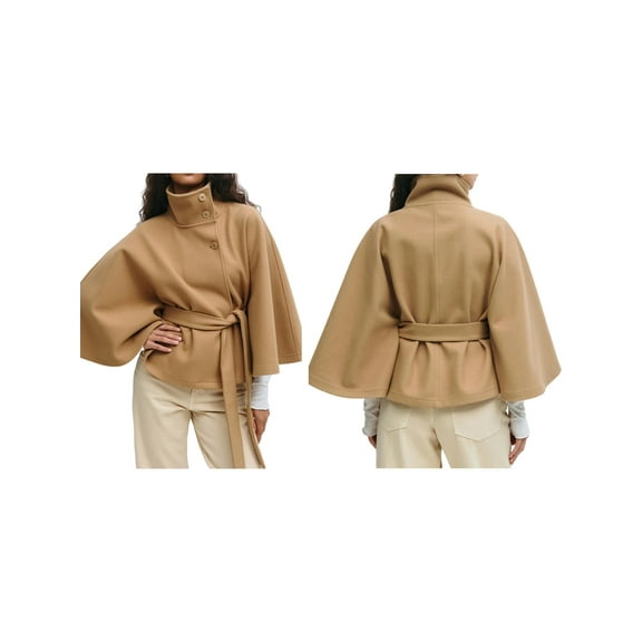 Women Batwing Sleeve Ponchos Pea CoatButton Elegant Belted Cape Jacket, Winter Cropped Overcoat Khaki XXL