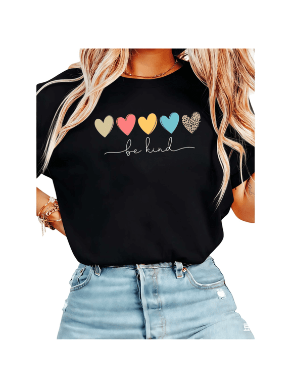 Women Be Kind Leopard Heart Graphic Tees T-Shirt Tops Round Neck Cotton T-Shirt White S-5XL